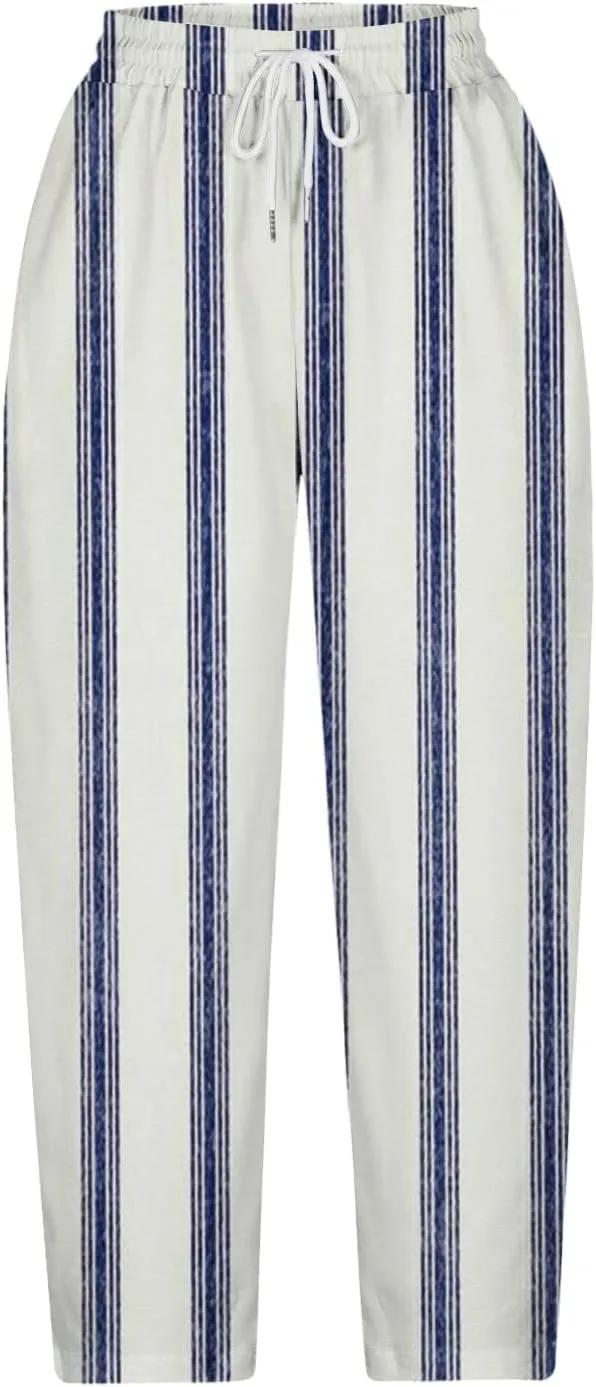 Stripe Color Block Capri Pants for Women Casual Straight Leg Capri Pants Drawstring Elastic Waist Cropped Trousers