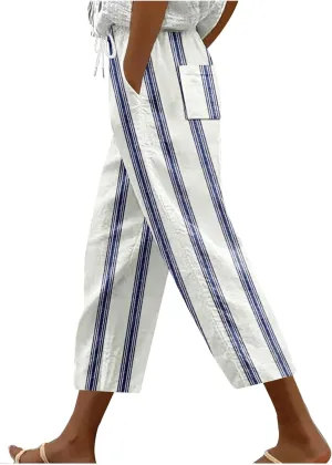 Stripe Color Block Capri Pants for Women Casual Straight Leg Capri Pants Drawstring Elastic Waist Cropped Trousers