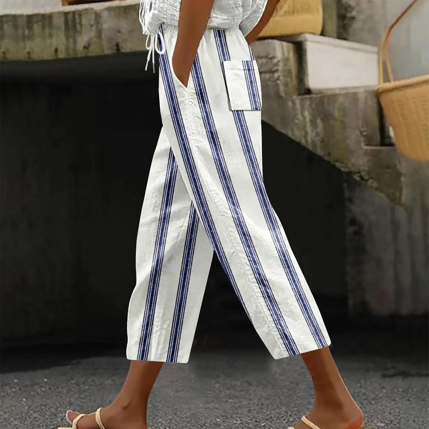 Stripe Color Block Capri Pants for Women Casual Straight Leg Capri Pants Drawstring Elastic Waist Cropped Trousers