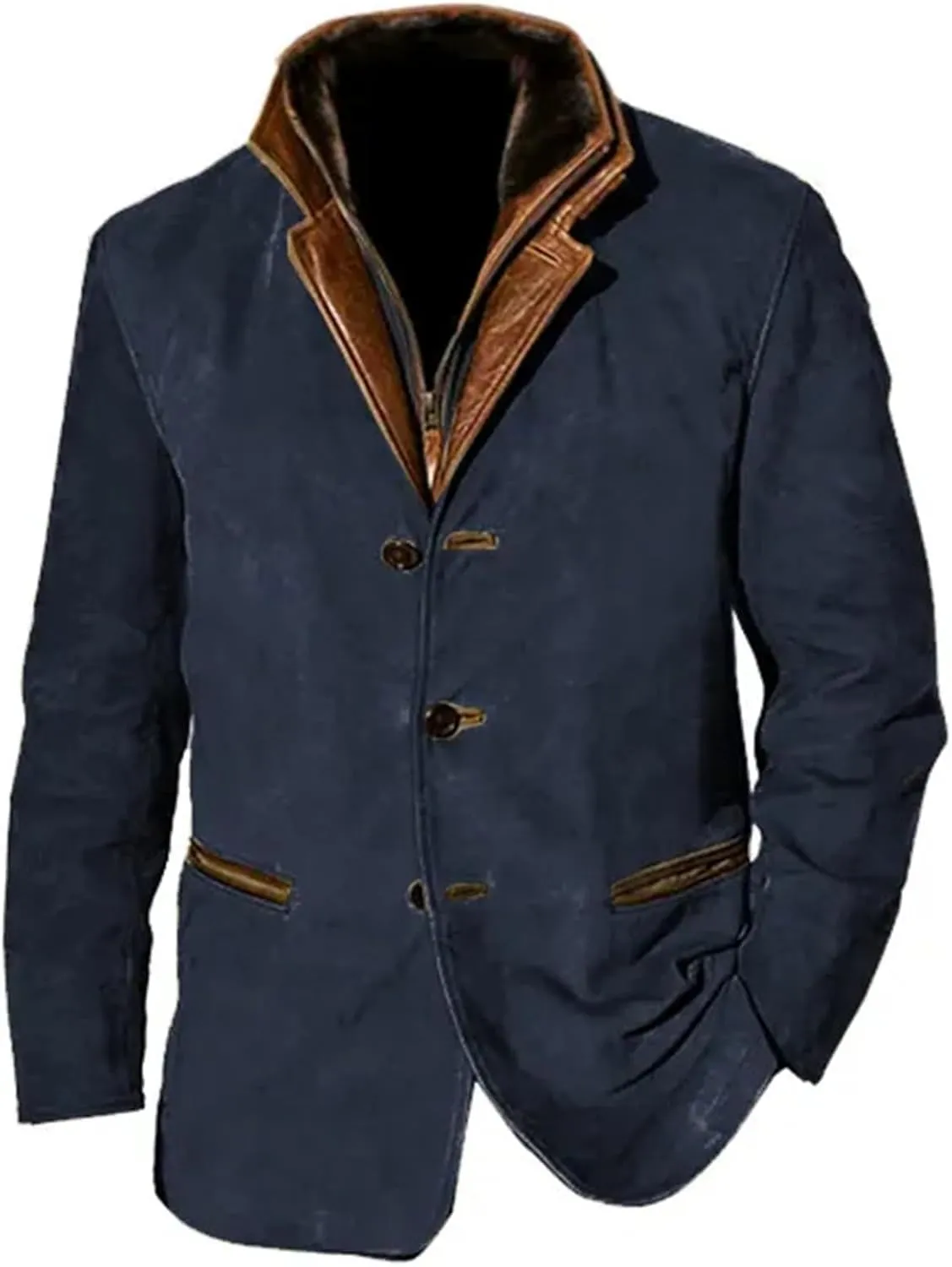 Suede Blazer for Men Faux Leather Suit Jacket Distressed Notch Lapel Buttons Sport Coat Zipper Trucker Western Jacket