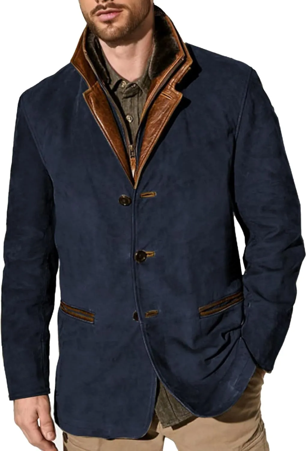 Suede Blazer for Men Faux Leather Suit Jacket Distressed Notch Lapel Buttons Sport Coat Zipper Trucker Western Jacket