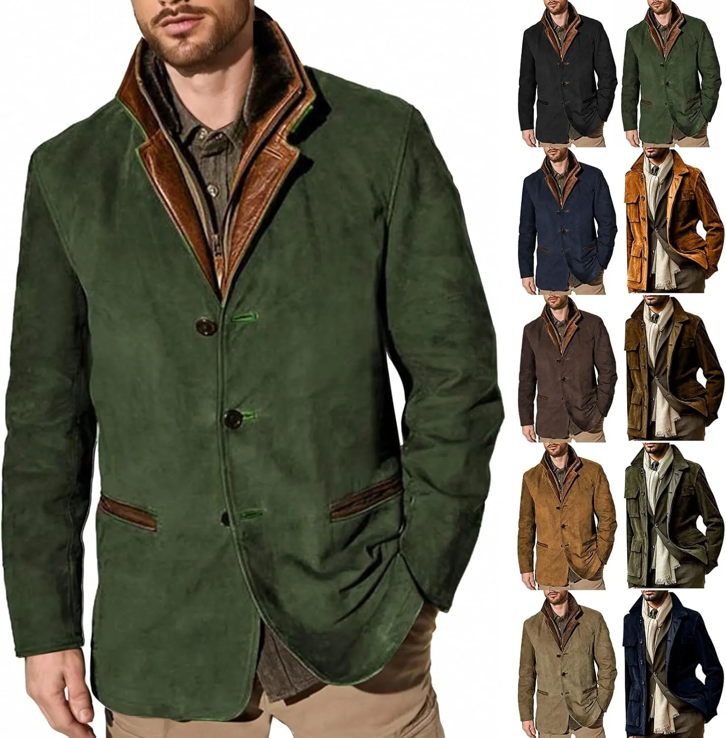 Suede Blazer for Men Faux Leather Suit Jacket Distressed Notch Lapel Buttons Sport Coat Zipper Trucker Western Jacket