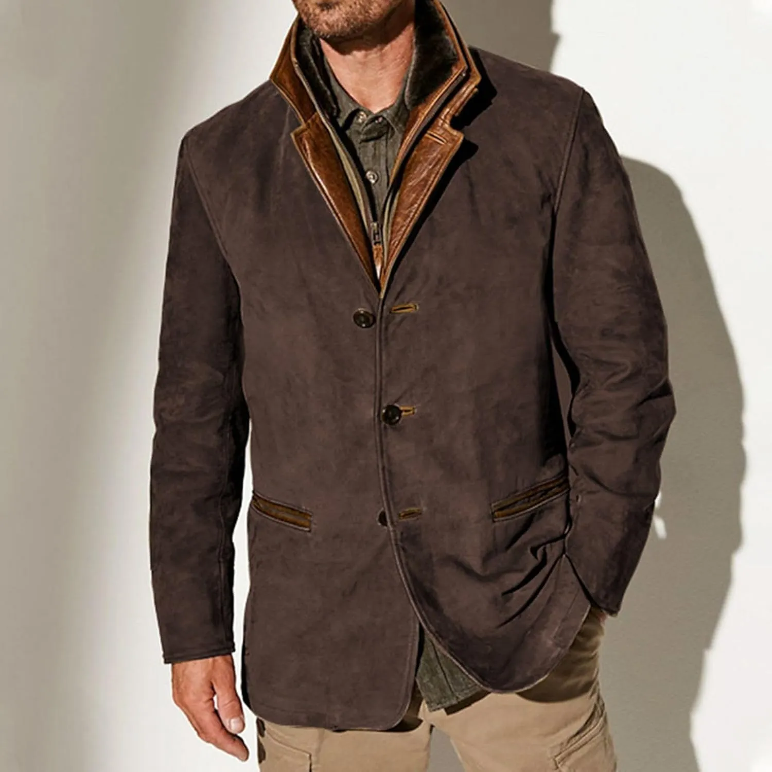 Suede Blazer for Men Faux Leather Suit Jacket Distressed Notch Lapel Buttons Sport Coat Zipper Trucker Western Jacket
