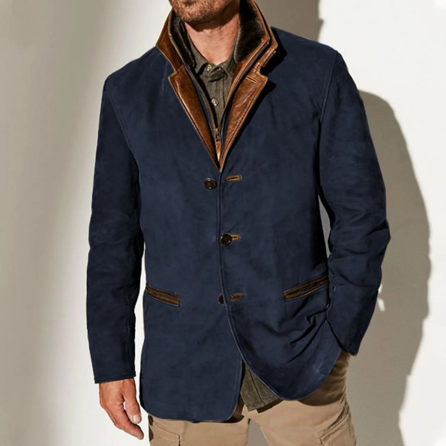 Suede Blazer for Men Faux Leather Suit Jacket Distressed Notch Lapel Buttons Sport Coat Zipper Trucker Western Jacket