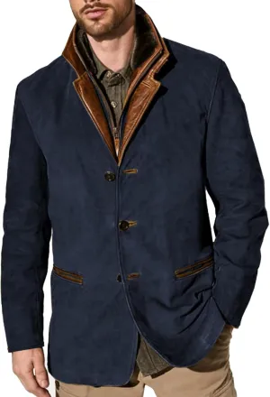 Suede Blazer for Men Faux Leather Suit Jacket Distressed Notch Lapel Buttons Sport Coat Zipper Trucker Western Jacket