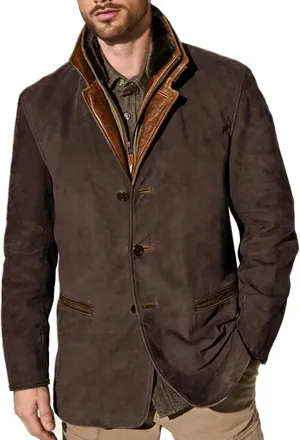 Suede Blazer for Men Faux Leather Suit Jacket Distressed Notch Lapel Buttons Sport Coat Zipper Trucker Western Jacket