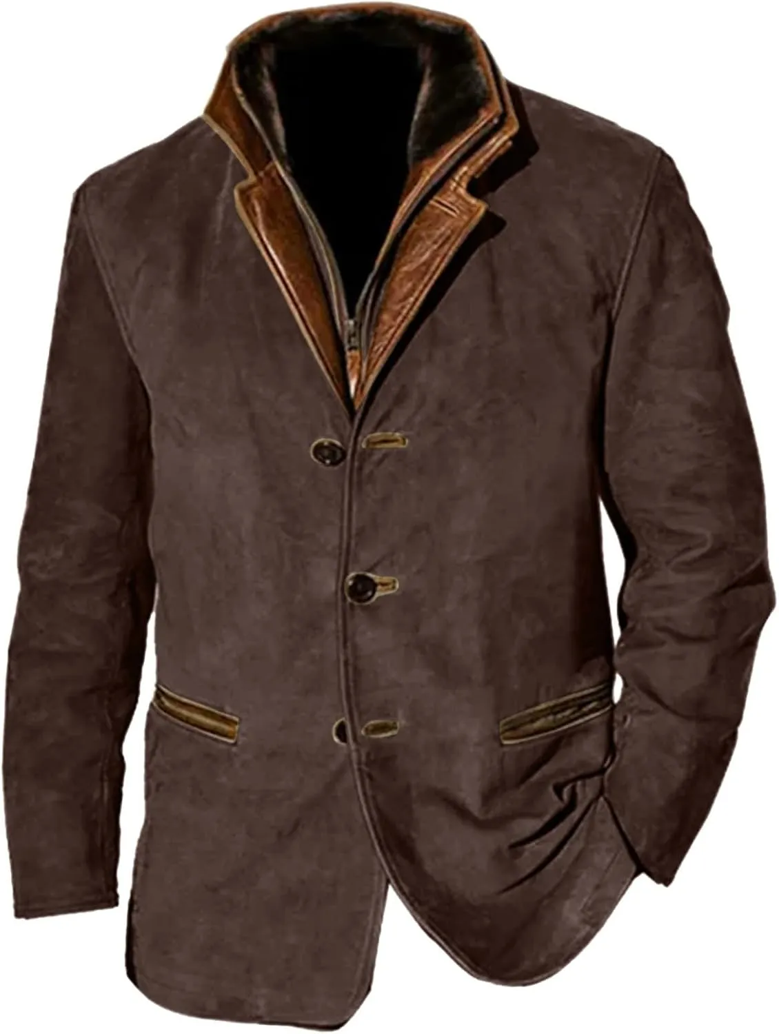 Suede Blazer for Men Faux Leather Suit Jacket Distressed Notch Lapel Buttons Sport Coat Zipper Trucker Western Jacket