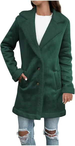 Suede Trench Coat Women Long Fleece Lined Coat Single Breasted Pea Coat Notch Lapel Jacket Fashion Winter Coats