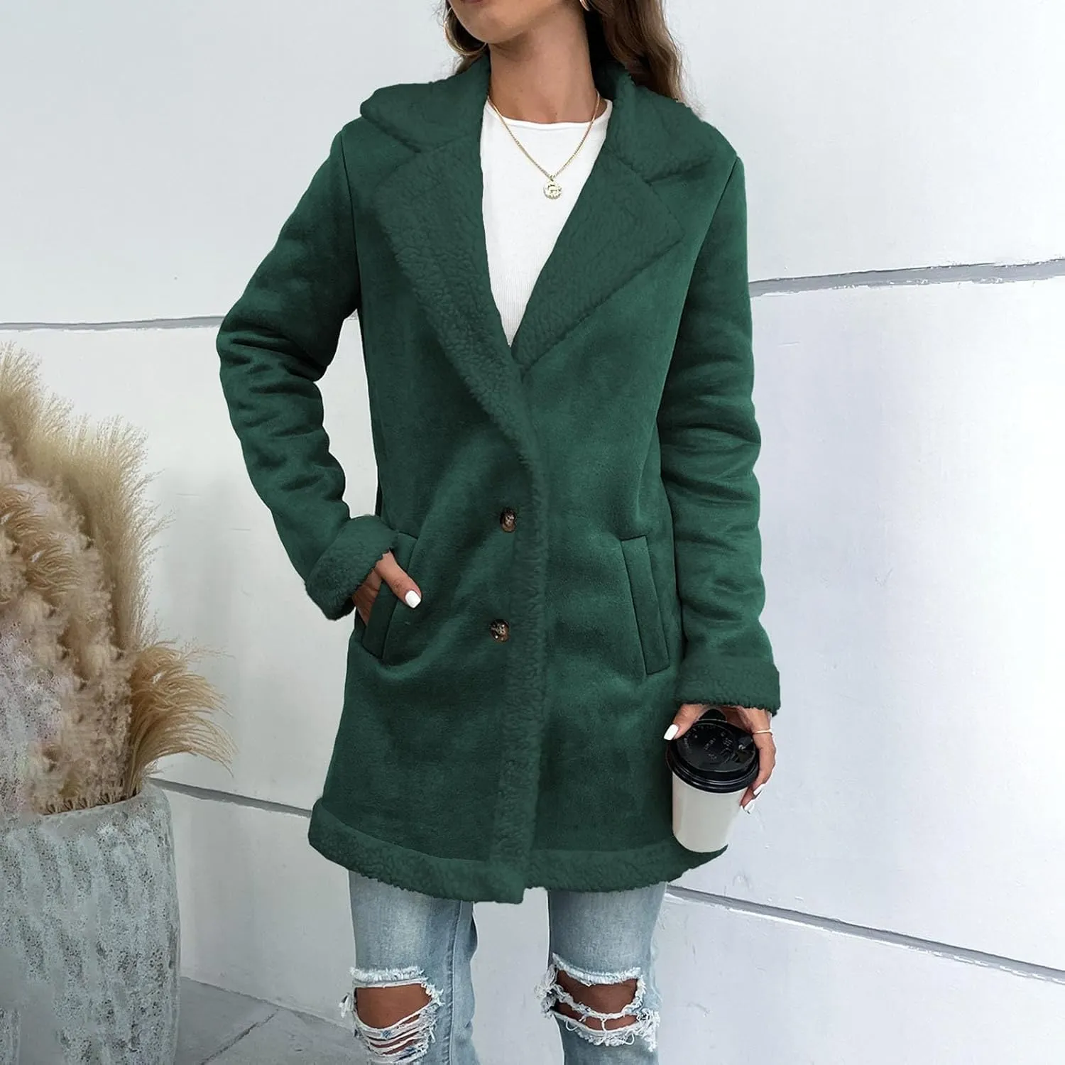 Suede Trench Coat Women Long Fleece Lined Coat Single Breasted Pea Coat Notch Lapel Jacket Fashion Winter Coats
