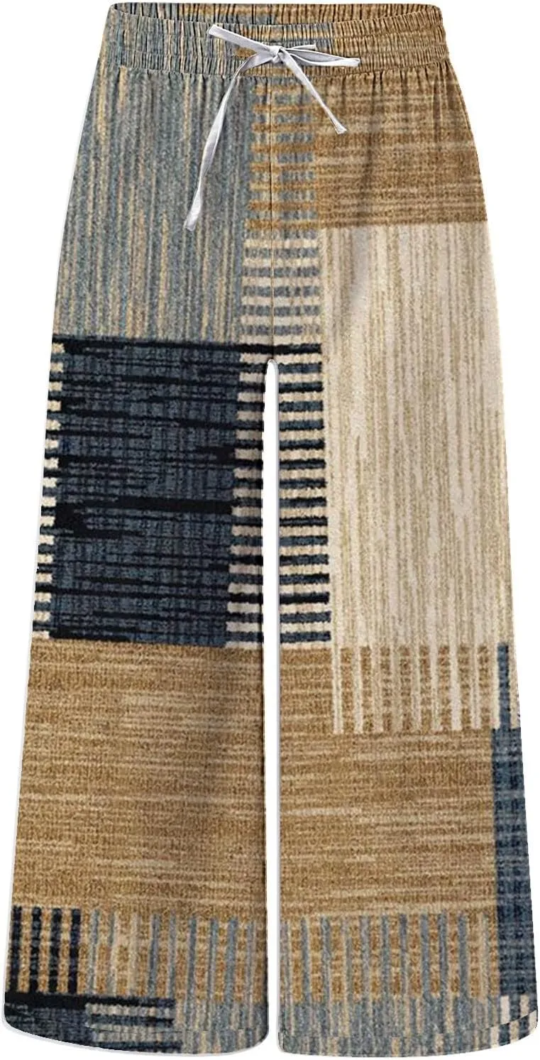 Summer Baggy Boho Pants for Men Hippie Casual Wide Leg Harem Pants Elastic Waist Contrast Beach Yoga Hawaiian Pant