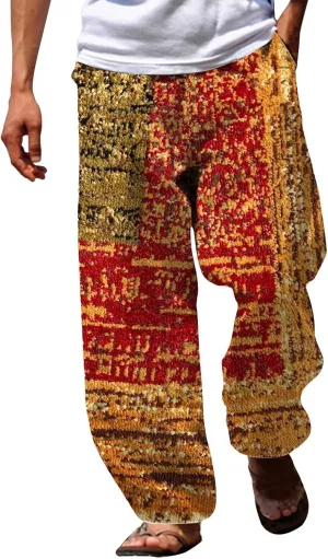 Summer Baggy Boho Pants for Men Hippie Casual Wide Leg Harem Pants Elastic Waist Contrast Beach Yoga Hawaiian Pant