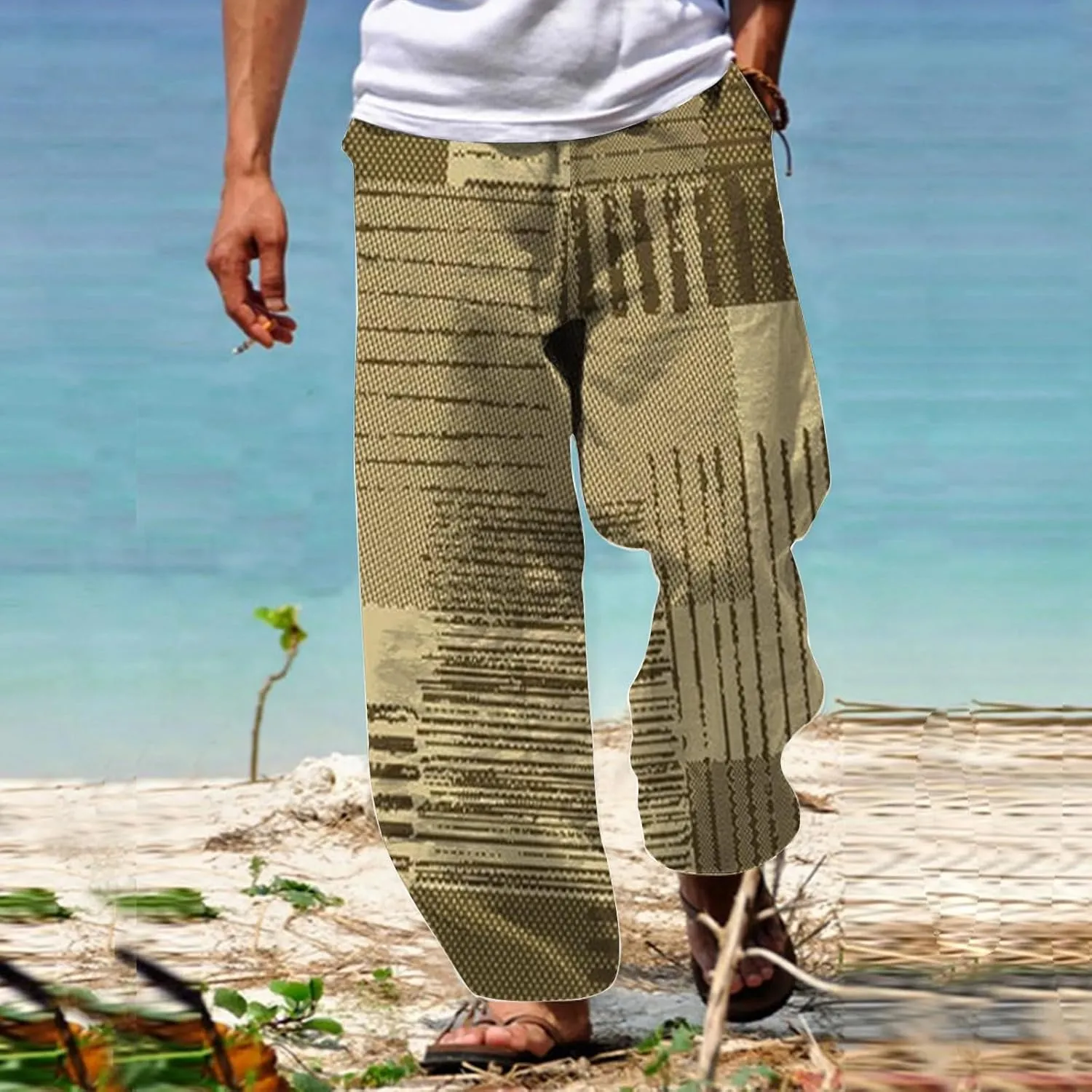 Summer Baggy Boho Pants for Men Hippie Casual Wide Leg Harem Pants Elastic Waist Contrast Beach Yoga Hawaiian Pant