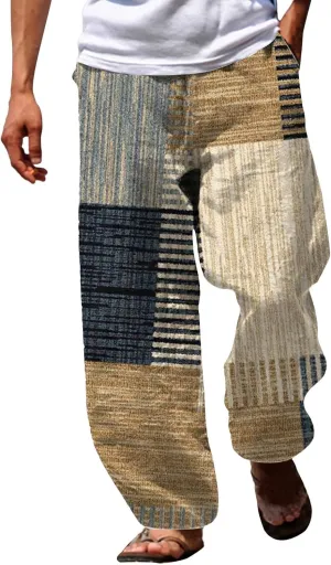 Summer Baggy Boho Pants for Men Hippie Casual Wide Leg Harem Pants Elastic Waist Contrast Beach Yoga Hawaiian Pant
