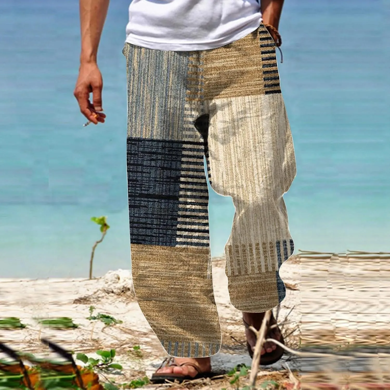 Summer Baggy Boho Pants for Men Hippie Casual Wide Leg Harem Pants Elastic Waist Contrast Beach Yoga Hawaiian Pant