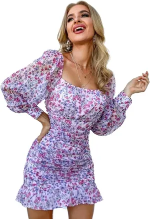 Summer Casual Women's Mini Dress Lantern Sleeve Ruffle Hem Ruched Floral Bodycon Mini Dress Square Neck Slim Fit