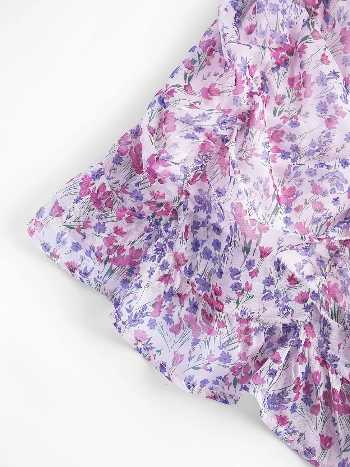 Summer Casual Women's Mini Dress Lantern Sleeve Ruffle Hem Ruched Floral Bodycon Mini Dress Square Neck Slim Fit