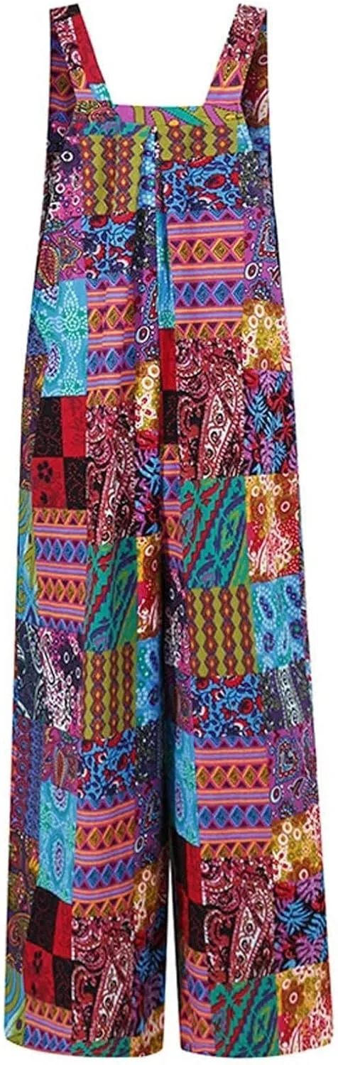 Summer Jumpsuits for Women 2024 Patchwork Casual Adjustable Straps Sleeveless Print Cute Linen Rompers With Pocket