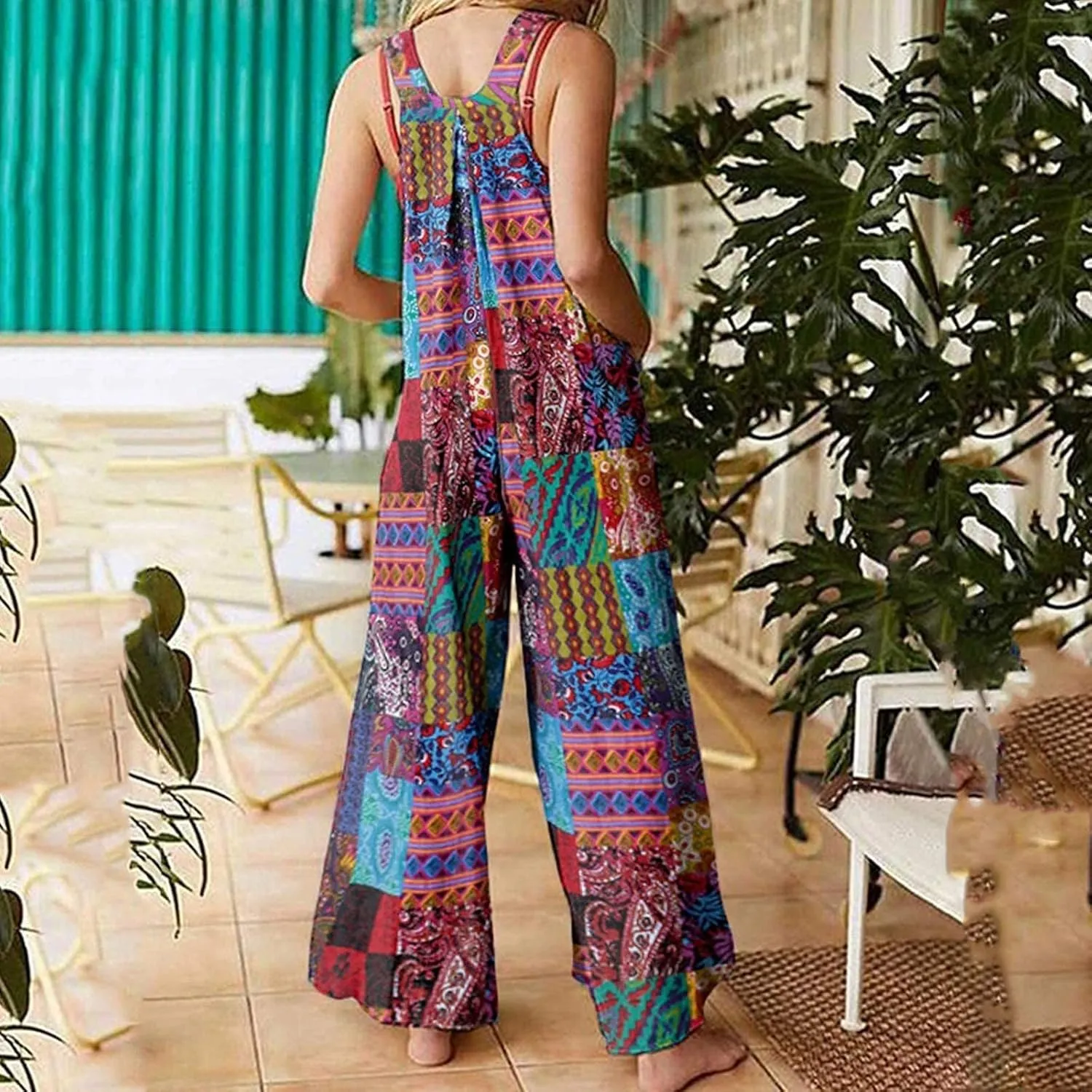 Summer Jumpsuits for Women 2024 Patchwork Casual Adjustable Straps Sleeveless Print Cute Linen Rompers With Pocket