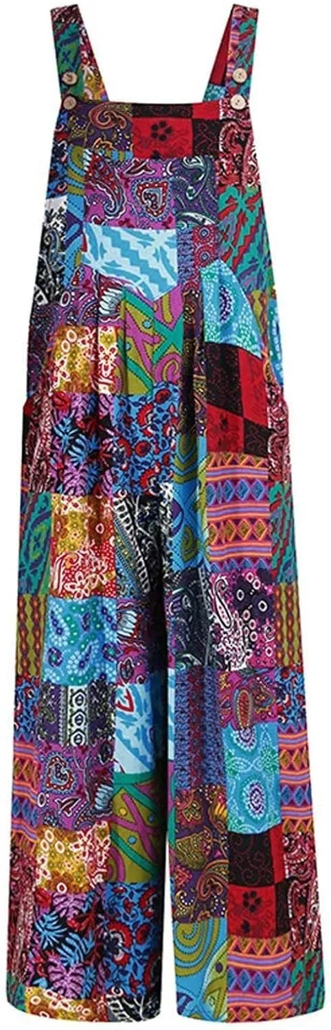 Summer Jumpsuits for Women 2024 Patchwork Casual Adjustable Straps Sleeveless Print Cute Linen Rompers With Pocket