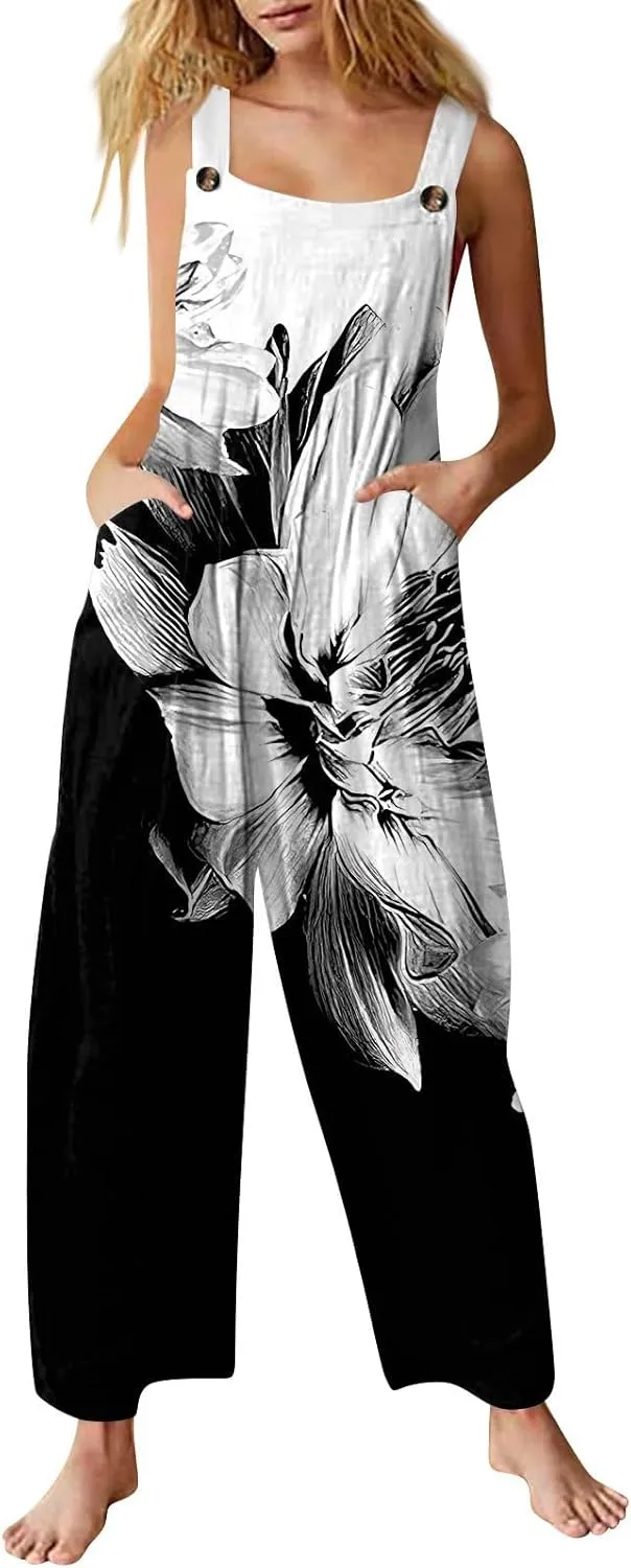 Summer Jumpsuits for Women 2024 Patchwork Casual Adjustable Straps Sleeveless Print Cute Linen Rompers With Pocket