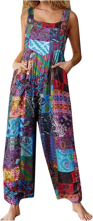 Summer Jumpsuits for Women 2024 Patchwork Casual Adjustable Straps Sleeveless Print Cute Linen Rompers With Pocket