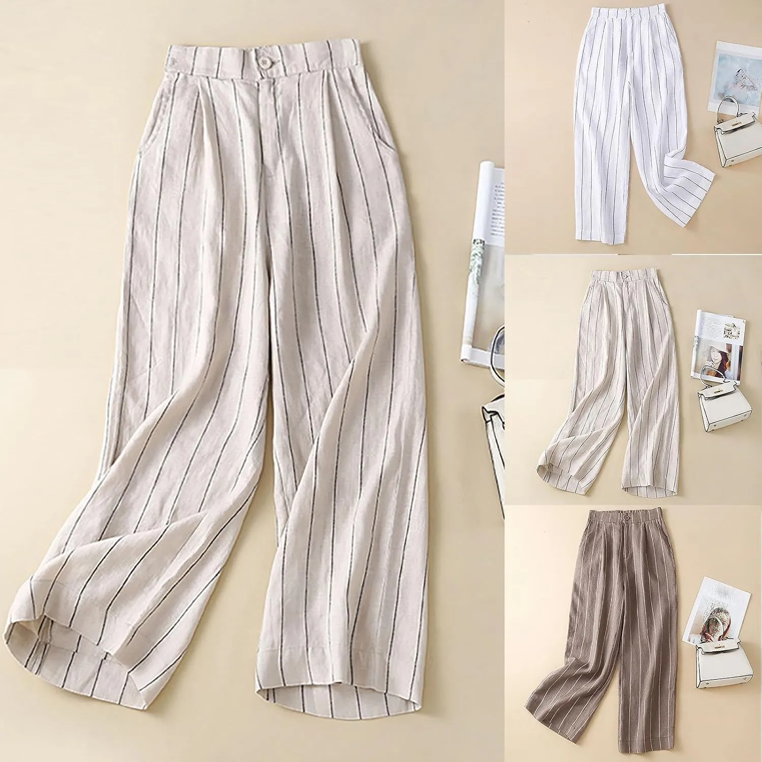 Summer Linen Pants for Women Casual Boho Palazzo Trousers Drawstring Waist Wide Leg Lightweight Summer Beach Outfit