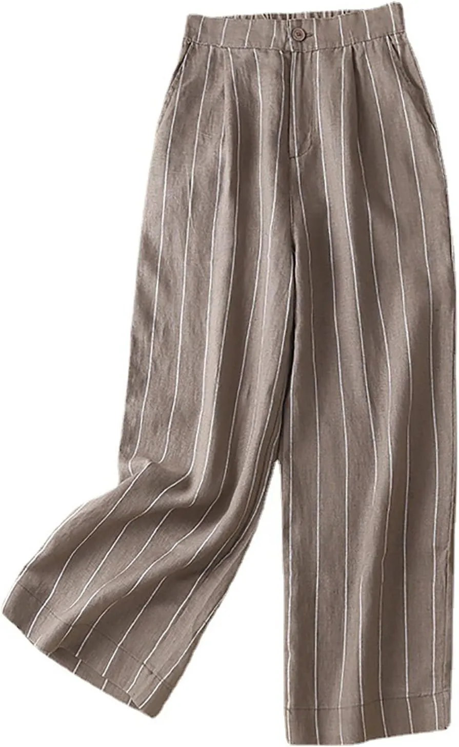 Summer Linen Pants for Women Casual Boho Palazzo Trousers Drawstring Waist Wide Leg Lightweight Summer Beach Outfit