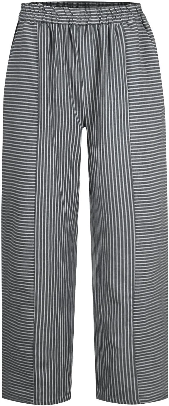 Summer Linen Pants for Women Striped Printed Side Button Pants Baggy Elastic Waist Straight Leg Trousers with Pockets
