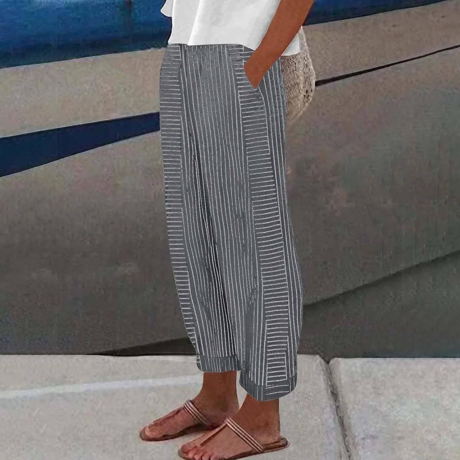 Summer Linen Pants for Women Striped Printed Side Button Pants Baggy Elastic Waist Straight Leg Trousers with Pockets