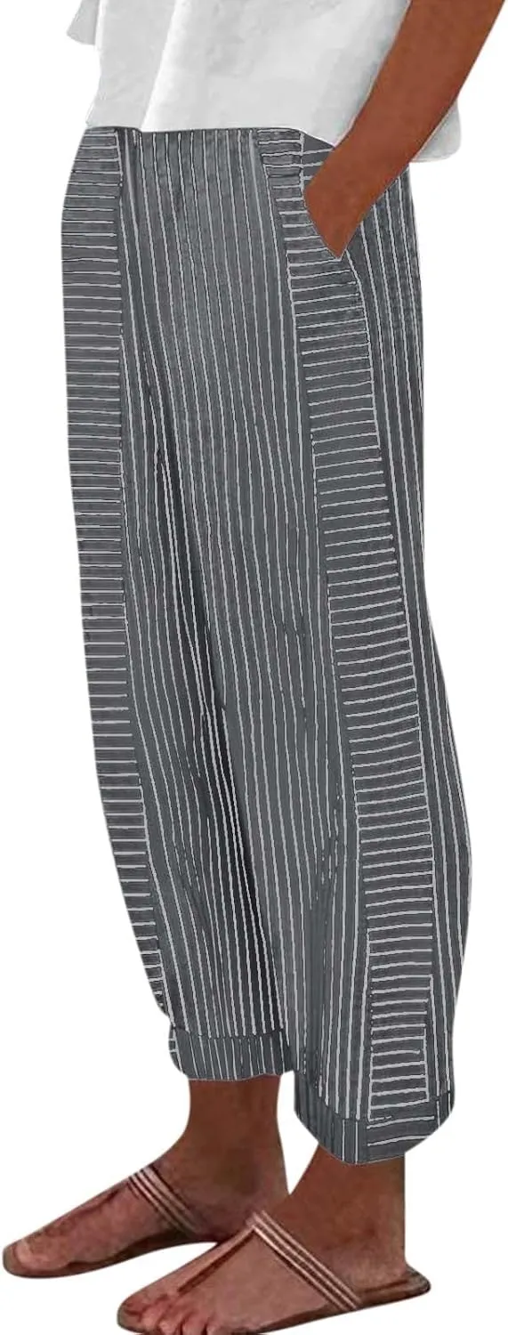 Summer Linen Pants for Women Striped Printed Side Button Pants Baggy Elastic Waist Straight Leg Trousers with Pockets