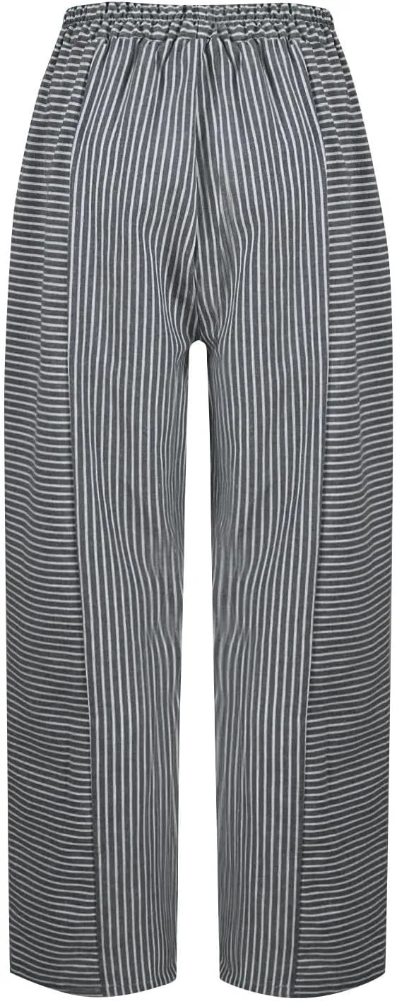 Summer Linen Pants for Women Striped Printed Side Button Pants Baggy Elastic Waist Straight Leg Trousers with Pockets