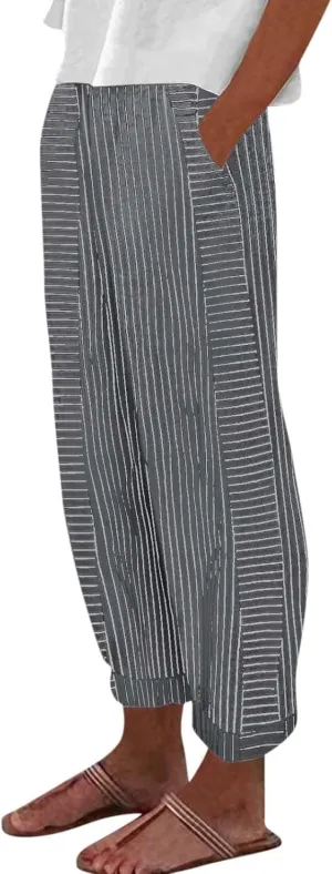 Summer Linen Pants for Women Striped Printed Side Button Pants Baggy Elastic Waist Straight Leg Trousers with Pockets