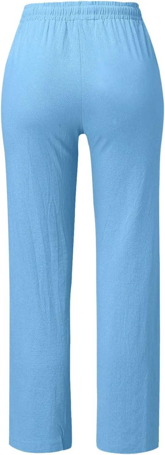 Summer Linen Pants Women Casual Dressy High Waist Straight Leg Pants Business Work Pants Vacation Beach Trousers Pockets