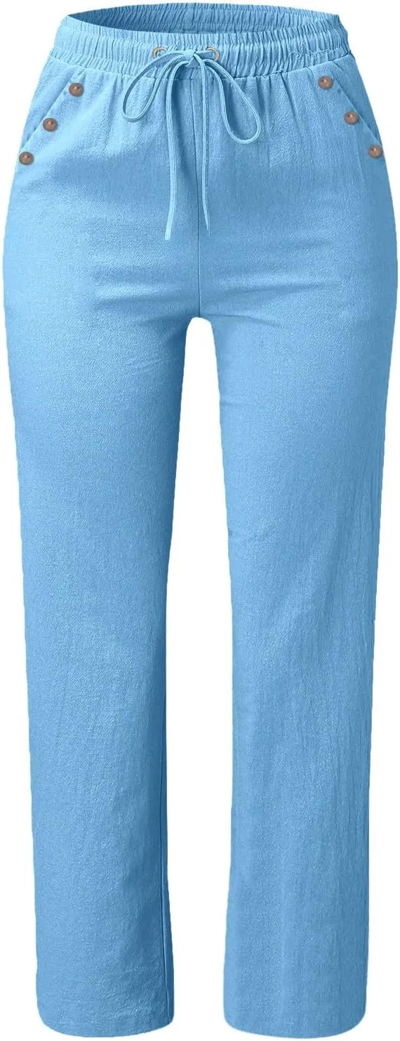 Summer Linen Pants Women Casual Dressy High Waist Straight Leg Pants Business Work Pants Vacation Beach Trousers Pockets