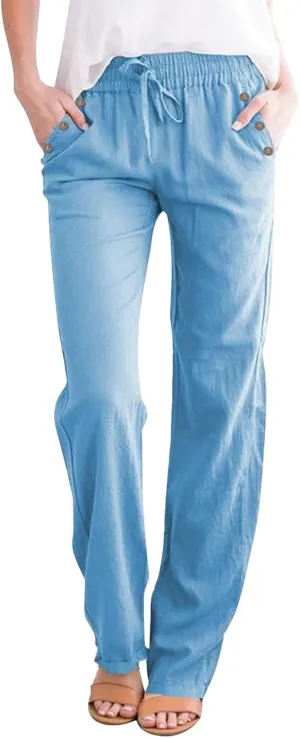 Summer Linen Pants Women Casual Dressy High Waist Straight Leg Pants Business Work Pants Vacation Beach Trousers Pockets