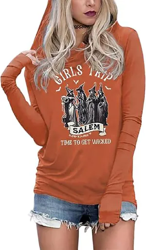 Susongeth Halloween Sanderson Sisters Fashion Hoodie Women Halloween Hocus Pocus Long Sleeve T-Shirt Lightweight Pullover Top