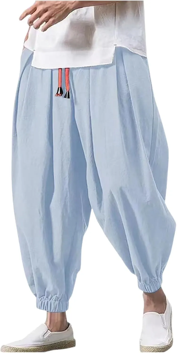 SUWBMHWE Harem Pants Men Shorts Boho Hippie Trousers Mens Baggy Any Occasion Trouser Elastic Drawstring Renaissance Pants