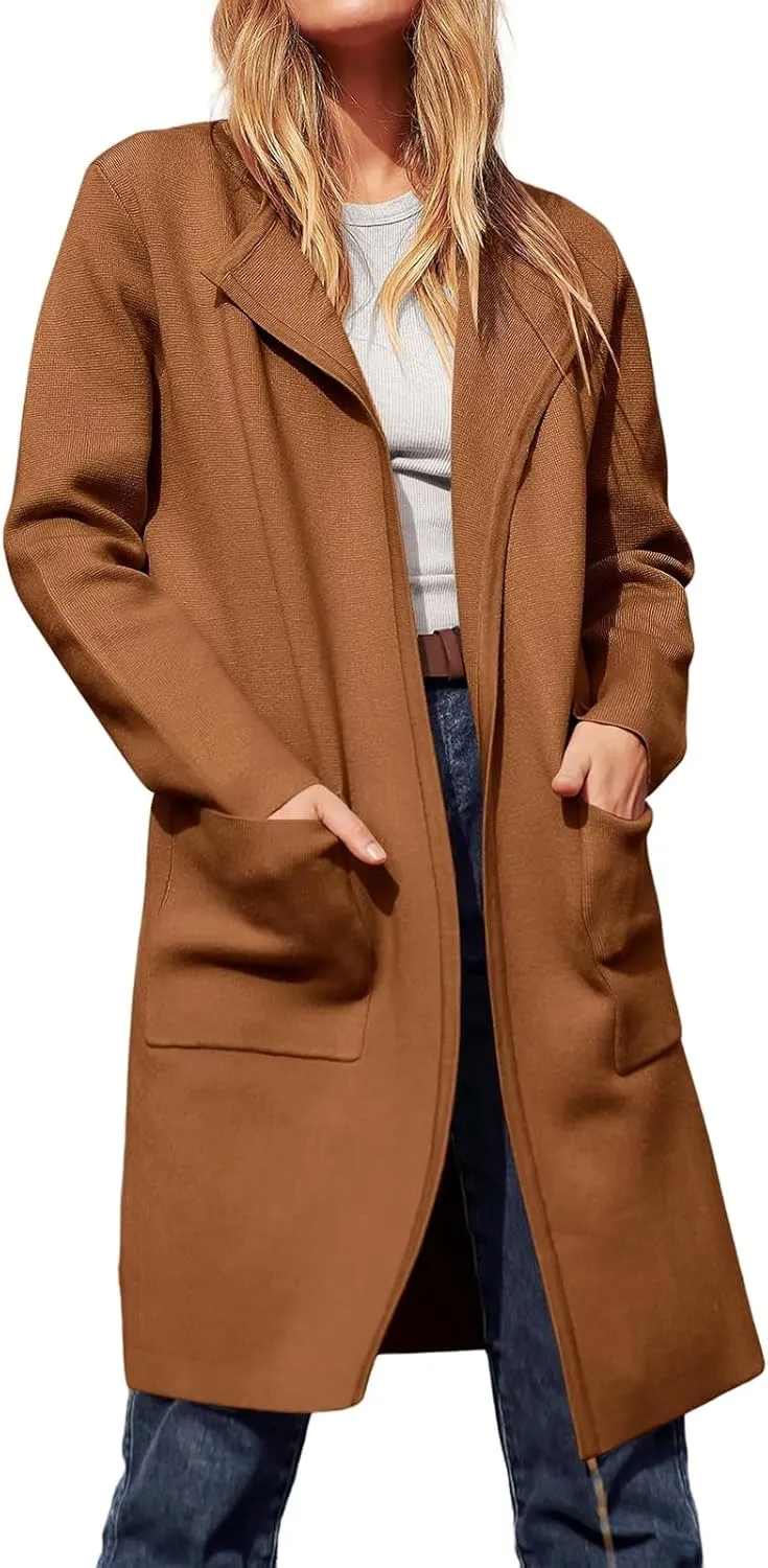 Sweaters for Women Open Front Knit Cardigan Casual Long Sleeve Lapel Sweater Long Trench Coat with Pockets