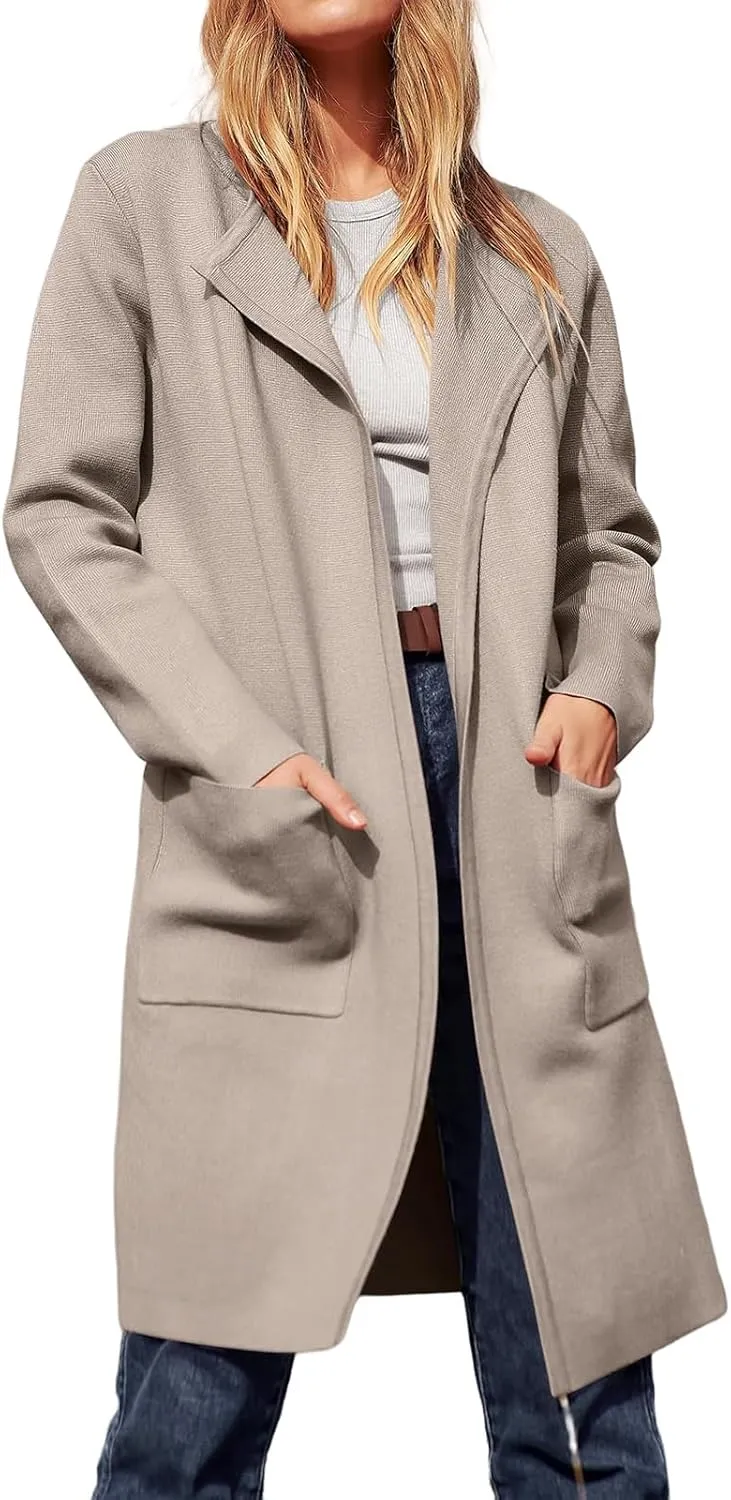 Sweaters for Women Open Front Knit Cardigan Casual Long Sleeve Lapel Sweater Long Trench Coat with Pockets