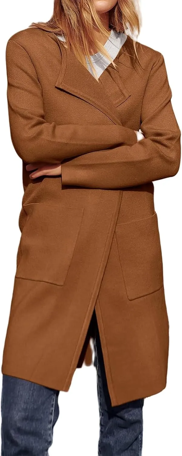 Sweaters for Women Open Front Knit Cardigan Casual Long Sleeve Lapel Sweater Long Trench Coat with Pockets