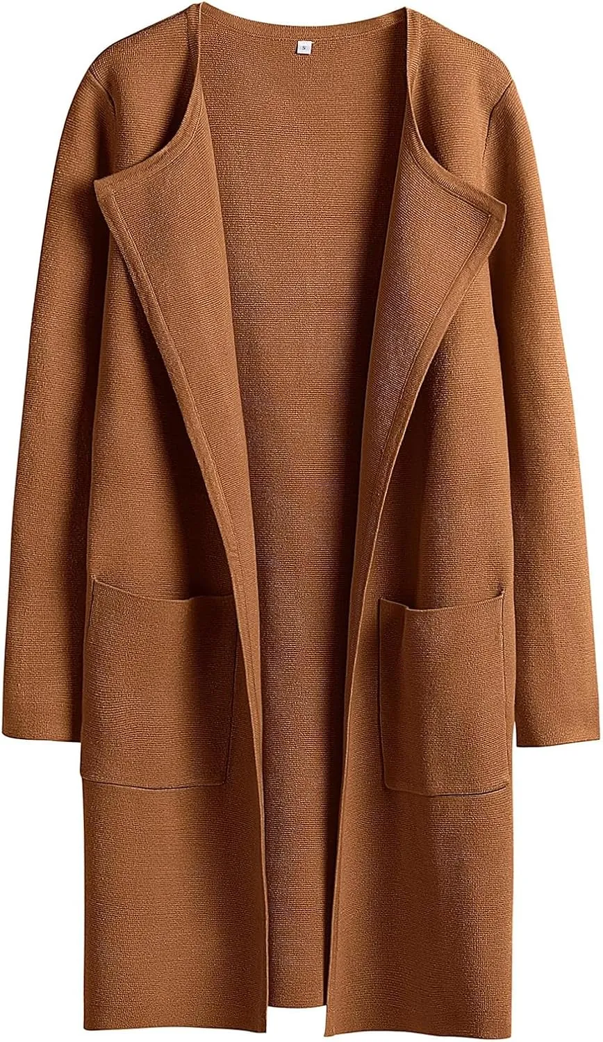 Sweaters for Women Open Front Knit Cardigan Casual Long Sleeve Lapel Sweater Long Trench Coat with Pockets