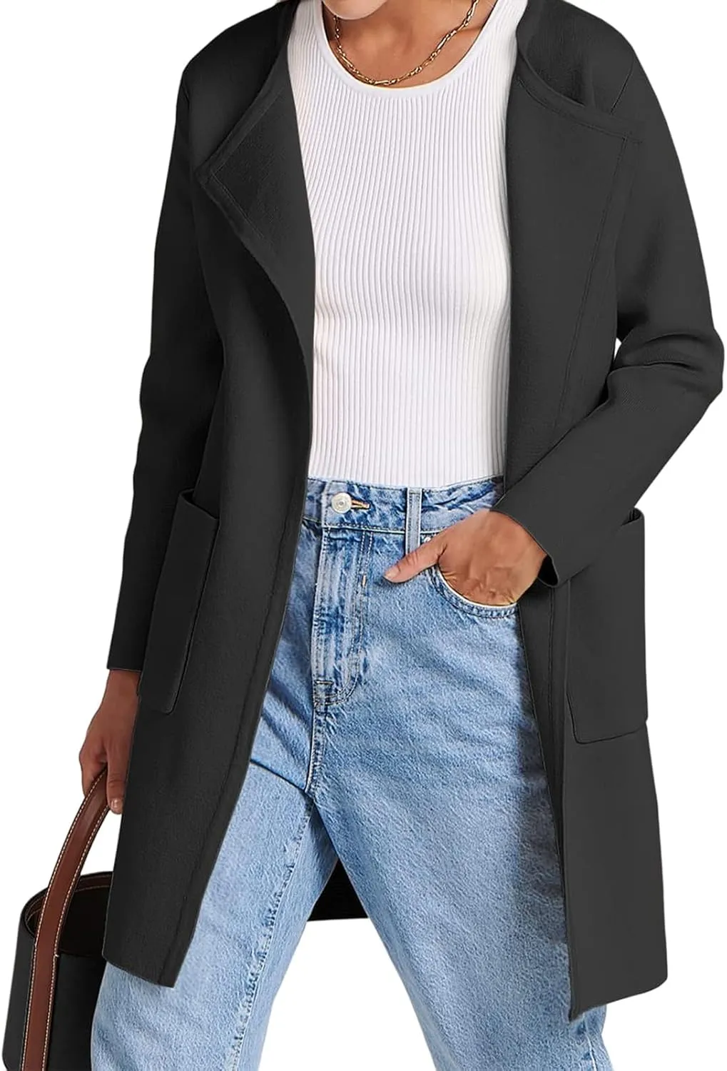 Sweaters for Women Open Front Knit Cardigan Casual Long Sleeve Lapel Sweater Long Trench Coat with Pockets