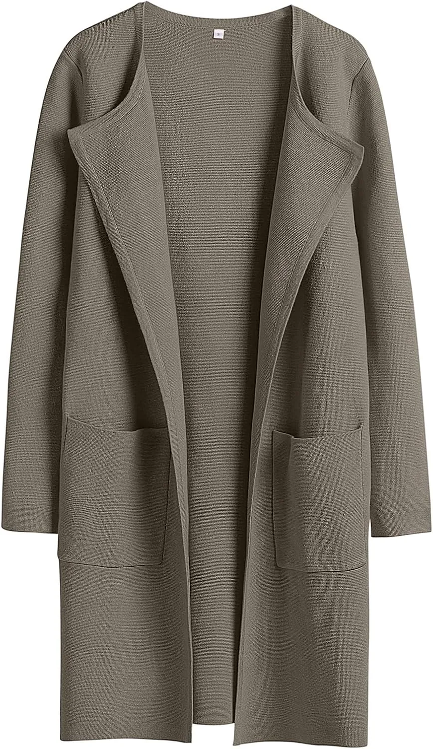 Sweaters for Women Open Front Knit Cardigan Casual Long Sleeve Lapel Sweater Long Trench Coat with Pockets
