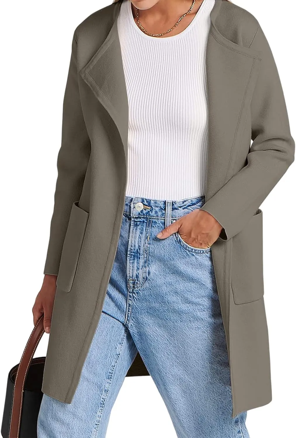 Sweaters for Women Open Front Knit Cardigan Casual Long Sleeve Lapel Sweater Long Trench Coat with Pockets
