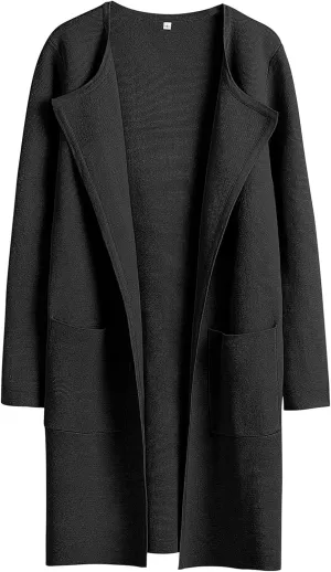 Sweaters for Women Open Front Knit Cardigan Casual Long Sleeve Lapel Sweater Long Trench Coat with Pockets