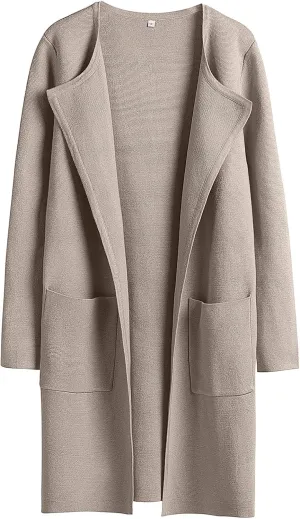 Sweaters for Women Open Front Knit Cardigan Casual Long Sleeve Lapel Sweater Long Trench Coat with Pockets