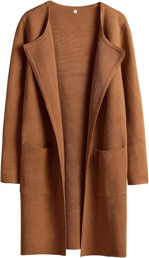 Sweaters for Women Open Front Knit Cardigan Casual Long Sleeve Lapel Sweater Long Trench Coat with Pockets