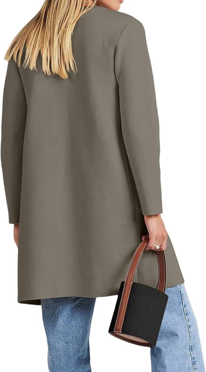Sweaters for Women Open Front Knit Cardigan Casual Long Sleeve Lapel Sweater Long Trench Coat with Pockets