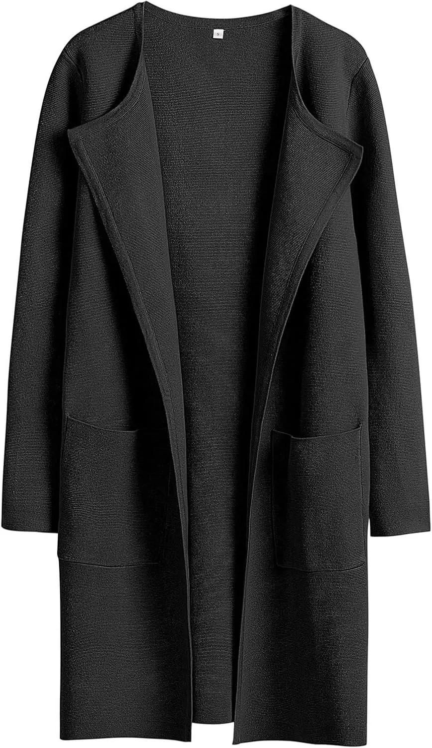 Sweaters for Women Open Front Knit Cardigan Casual Long Sleeve Lapel Sweater Long Trench Coat with Pockets