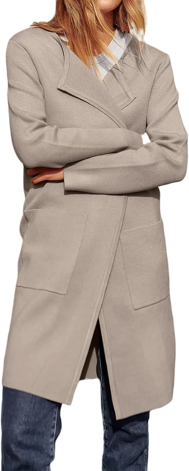 Sweaters for Women Open Front Knit Cardigan Casual Long Sleeve Lapel Sweater Long Trench Coat with Pockets